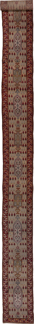 1' x 18' one-of-a-kind handmade vintage Oushak rug. Color palette: brown, gray, off-white, pink, red, redwood, snow, white