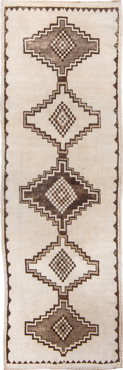 3' x 10' one-of-a-kind handmade vintage Kars runner rug. Color palette: brown, gray, light gray, off-white, orange, pink