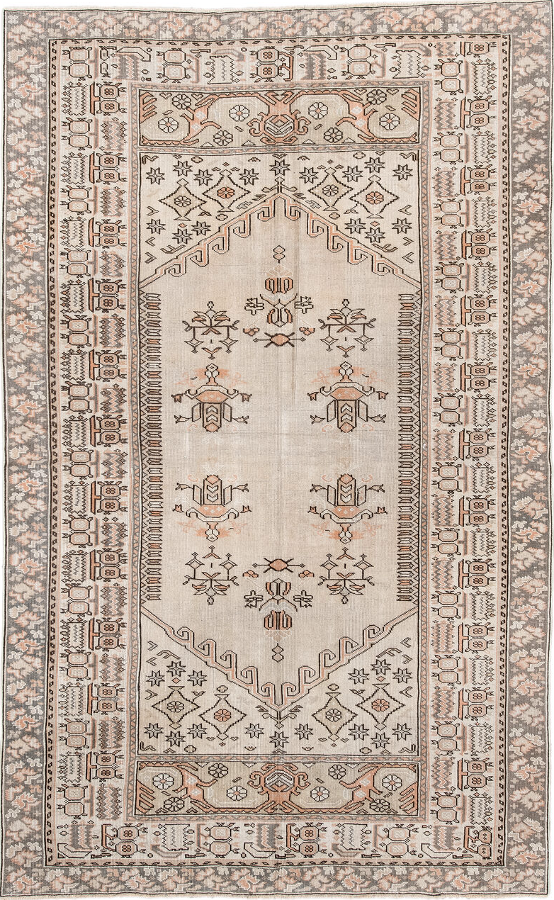 4' x 7' one-of-a-kind handmade vintage Anatol rug. Color palette: antiquewhite, black, brown, gray, light gray, off-white