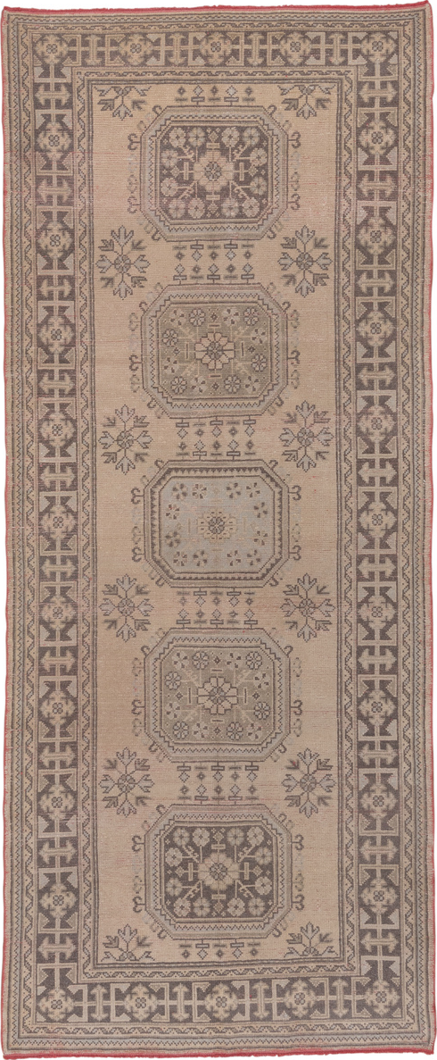 4' x 11' one-of-a-kind handmade vintage Oushak runner rug. Color palette: brown, gray, light gray, off-white, pink, snow