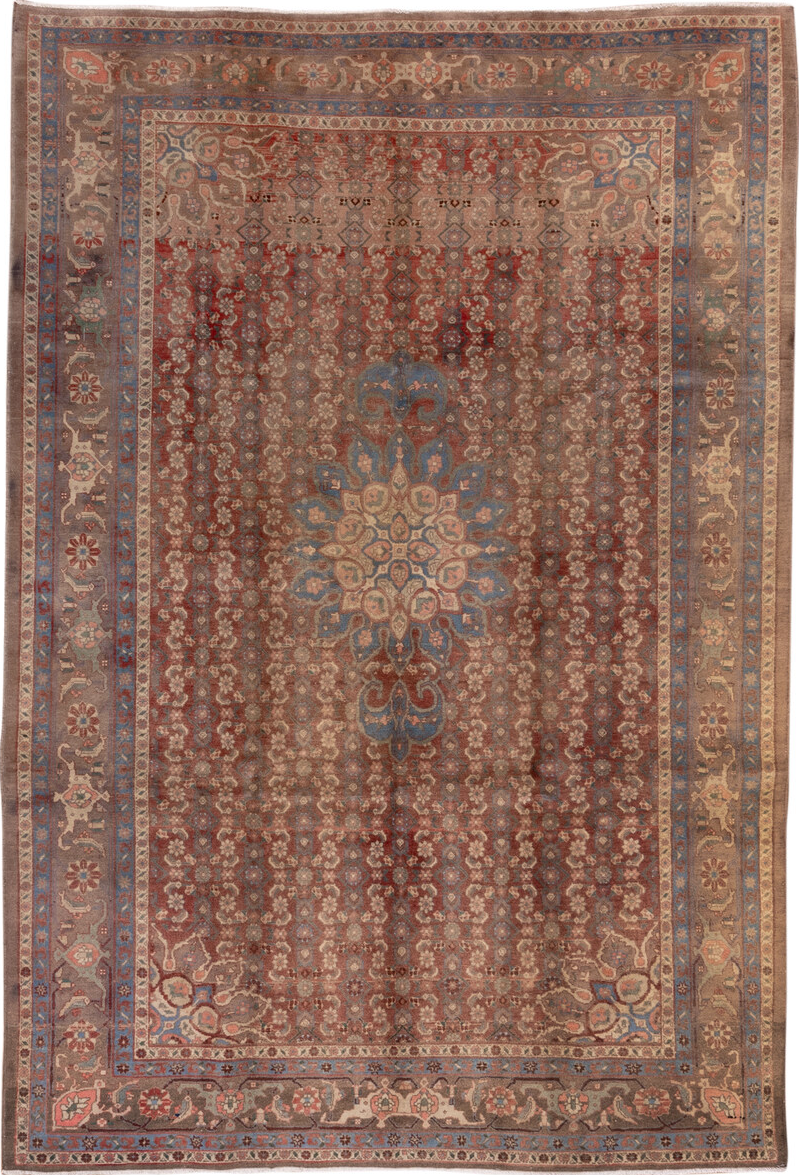 6' x 9' one-of-a-kind handmade vintage Bidjar medium size rug. Color palette: blue, brown, dim gray, gray, pink, red