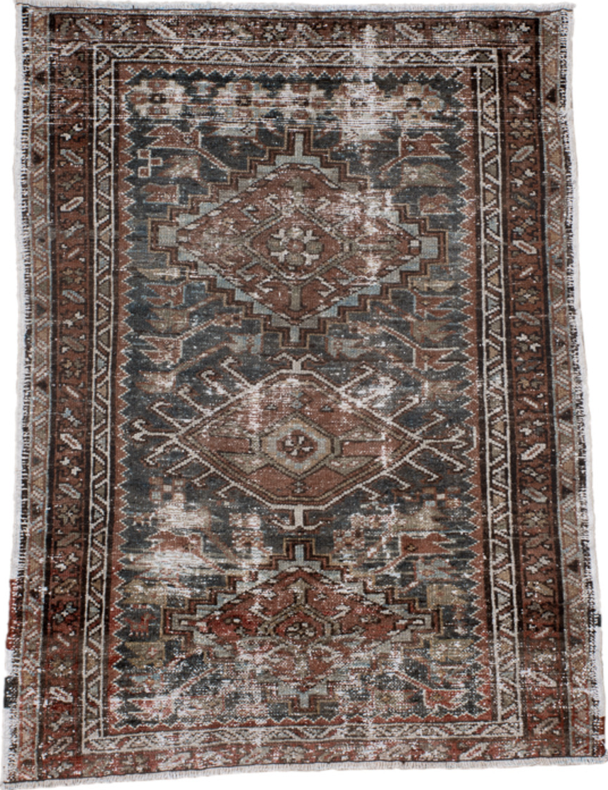 3' x 3' one-of-a-kind handmade vintage Karaje small size rug. Color palette: black, brown, charcoal, dark gray, dim gray