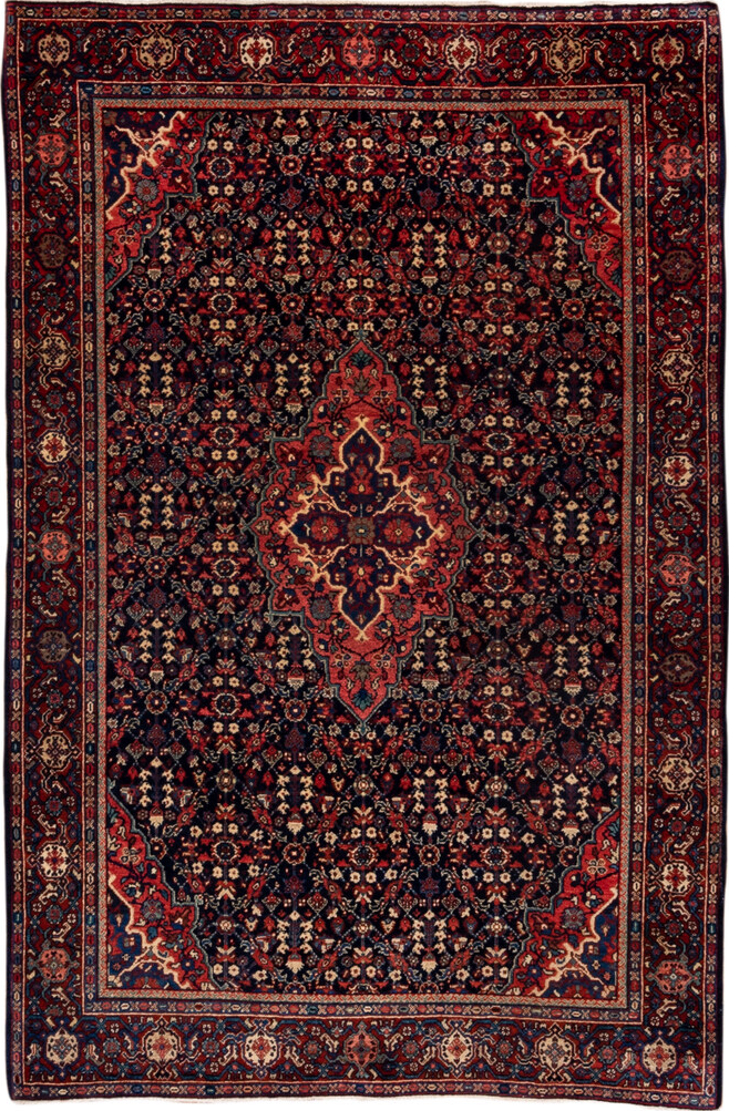 4' x 6' one-of-a-kind handmade vintage Meighan small size rug. Color palette: black, brown, gray, off-white, orange, pink