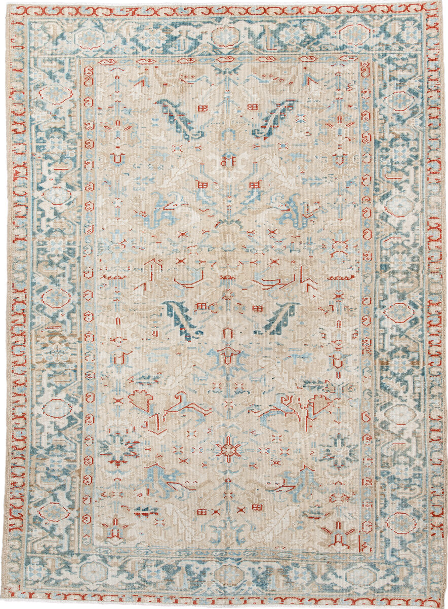 6' x 8' one-of-a-kind handmade vintage Heriz medium size rug. Color palette: blue, brown, dark gray, gainsboro, gray