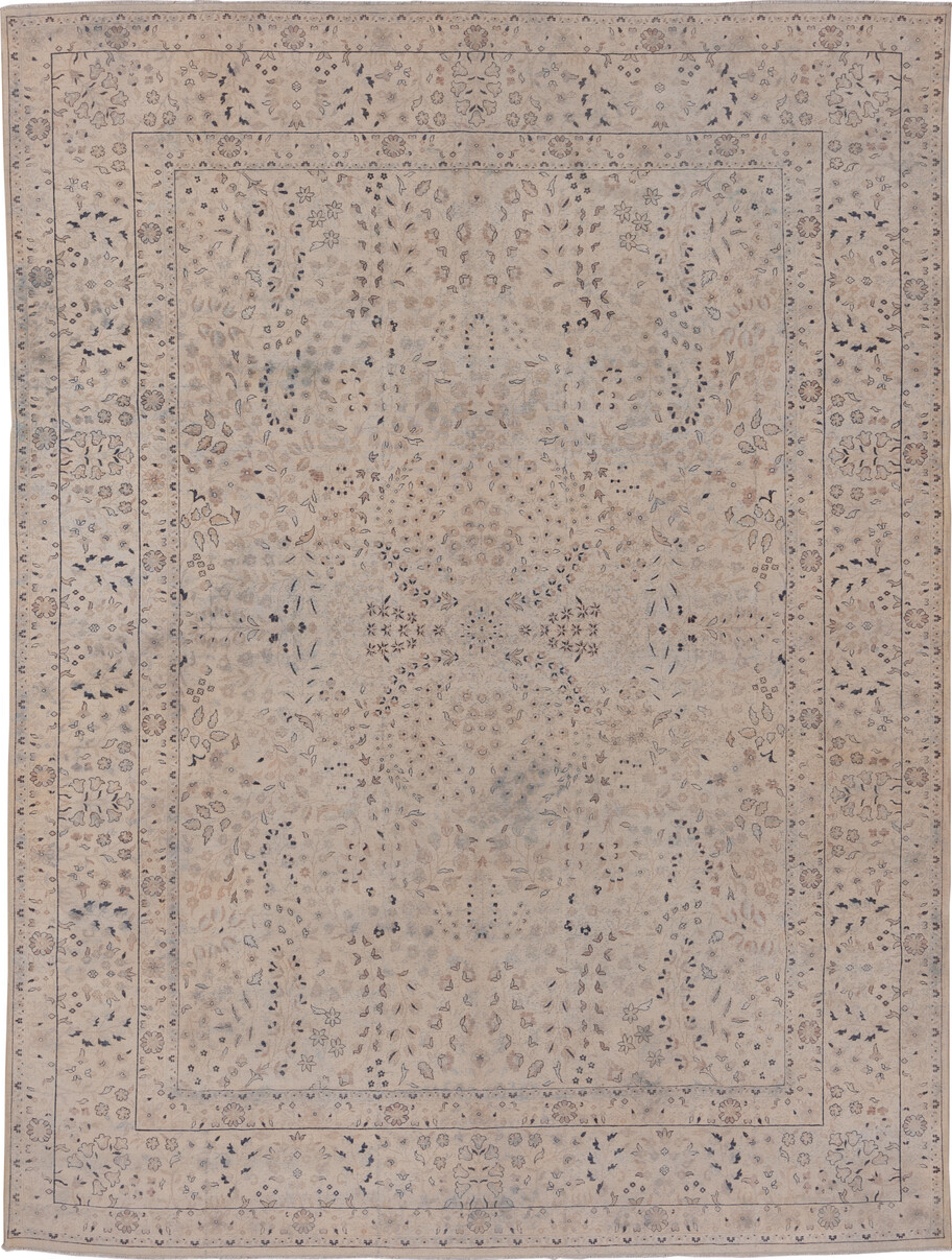 8' x 11' one-of-a-kind handmade vintage Kashan large size rug. Color palette: black, charcoal, gray, light gray, off-white