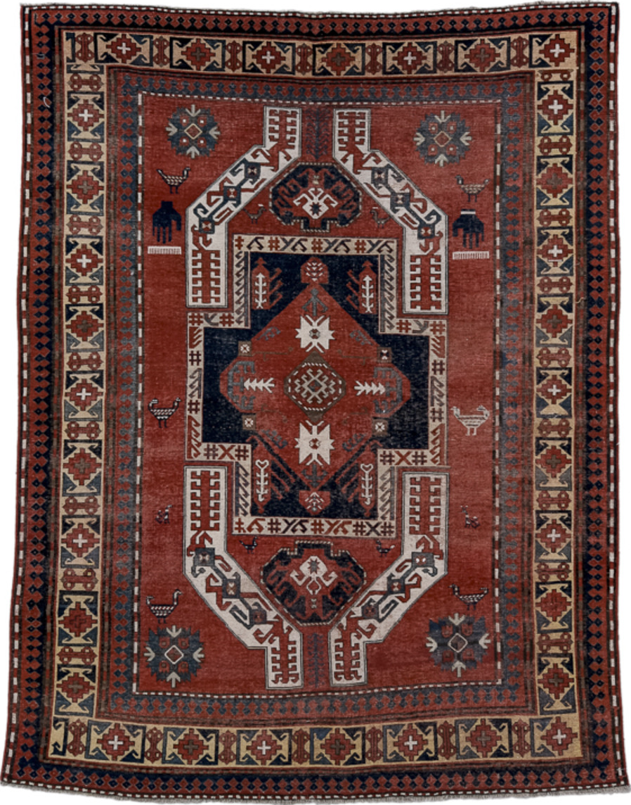 6' x 8' one-of-a-kind handmade vintage Kazak medium size rug. Color palette: black, blue, brown, charcoal, dim gray, gray