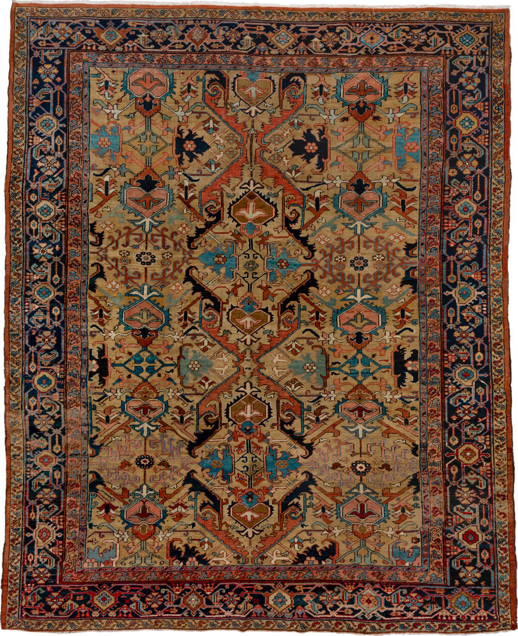 11' x 13' one-of-a-kind handmade vintage Heriz oversize rug. Color palette: brown, red, gray, blue, maroon, dim gray