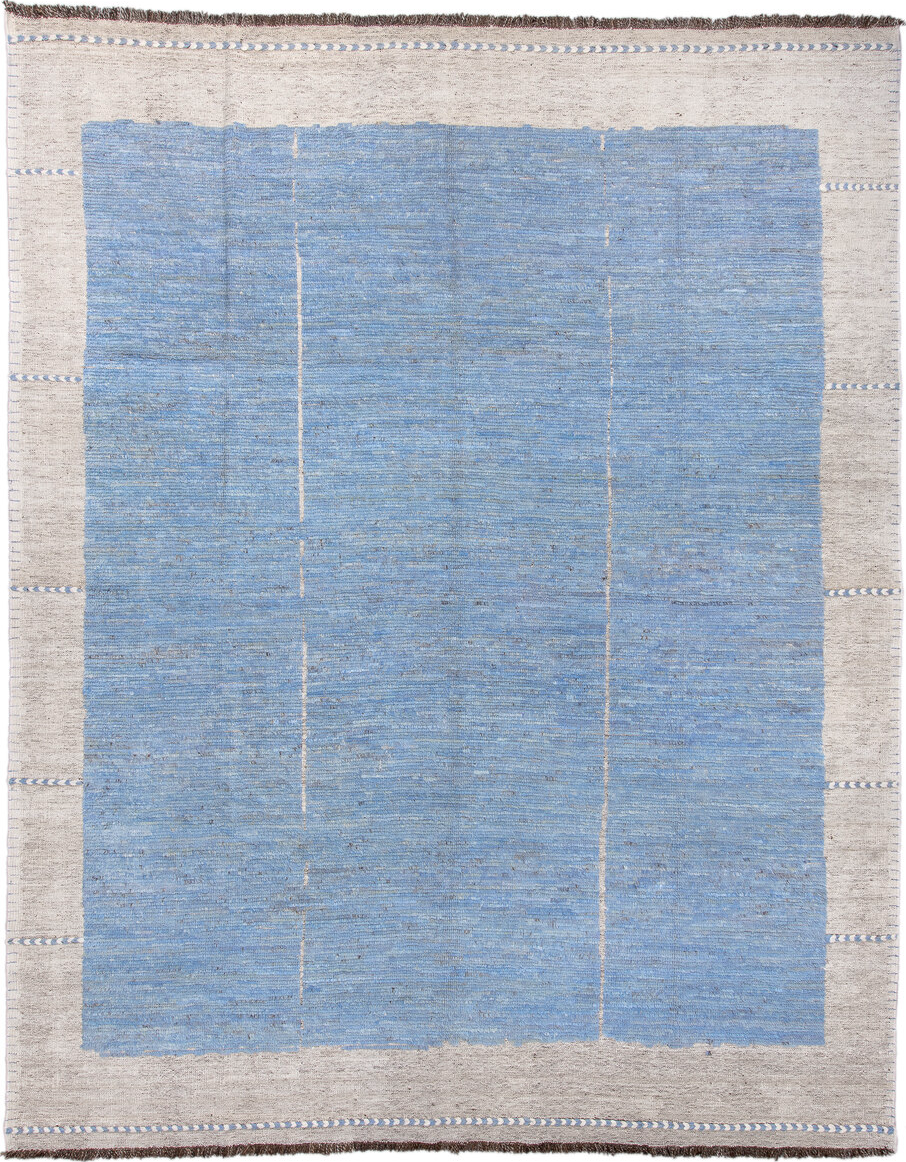 10' x 13' one-of-a-kind handmade vintage Tulu large size rug. Color palette: black, blue, charcoal, gainsboro, gray