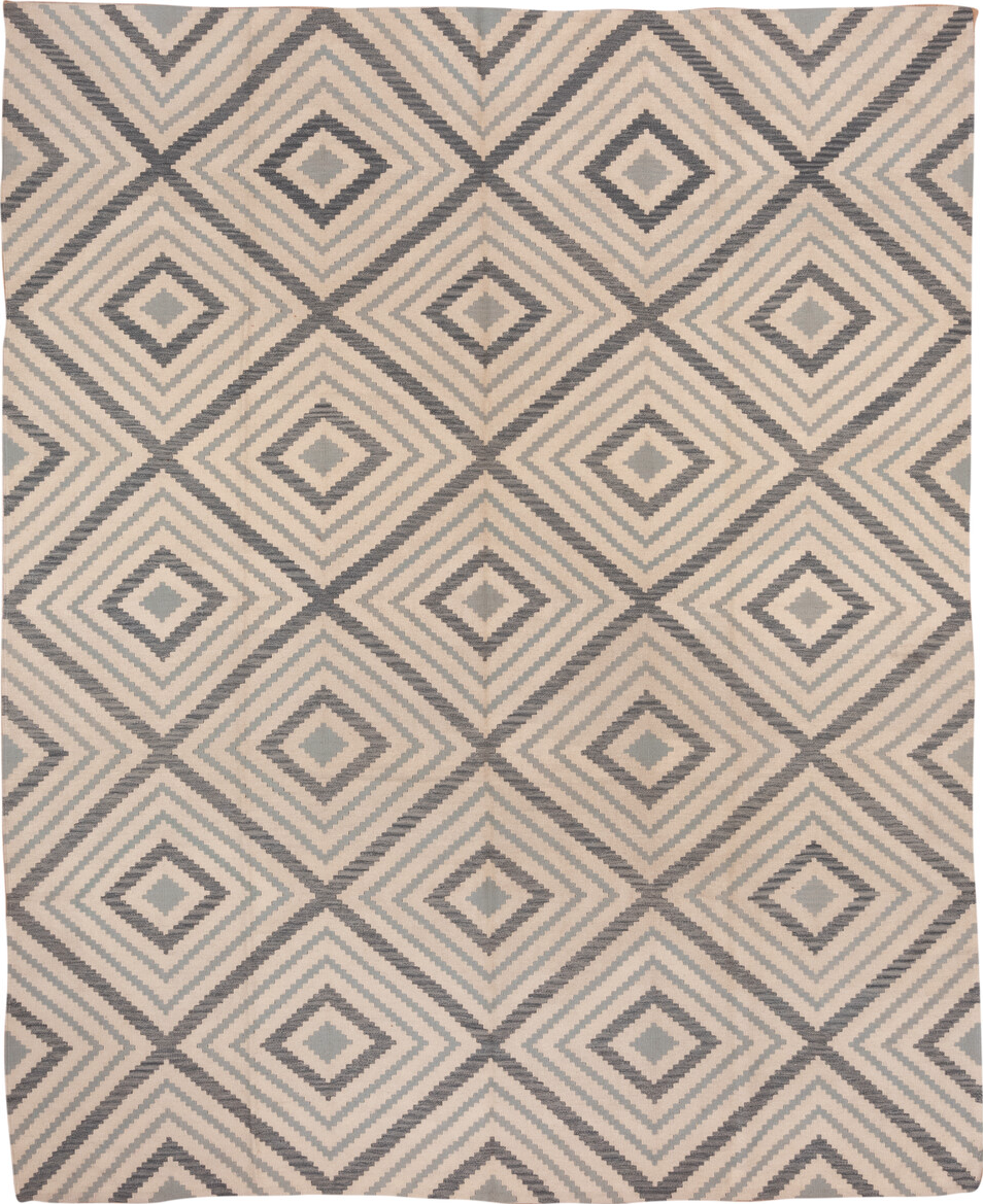 10' x 12' one-of-a-kind handmade vintage Kilim large size rug. Color palette: brown, dim gray, gray, light gray, off-white