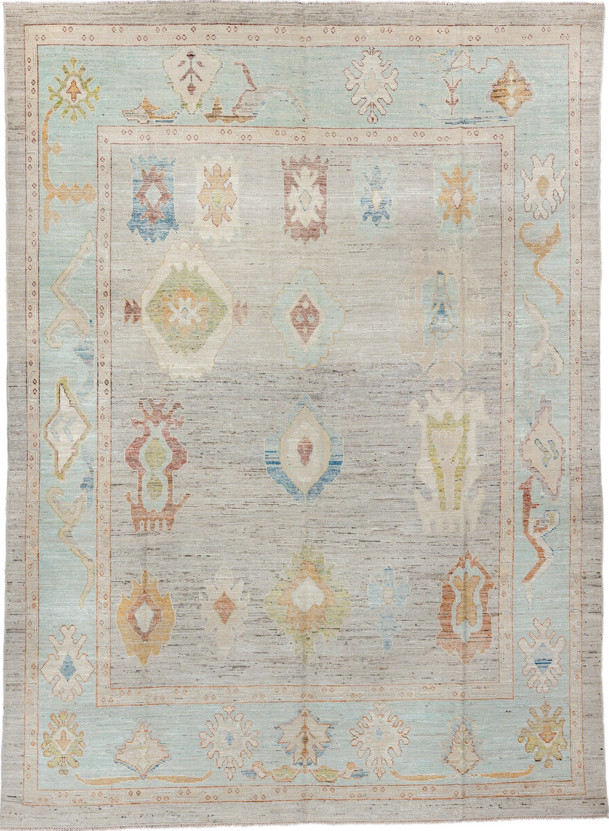 9' x 13' one-of-a-kind handmade vintage Oushak large size rug. Color palette: brown, off-white, gray, pink, blue, light gray