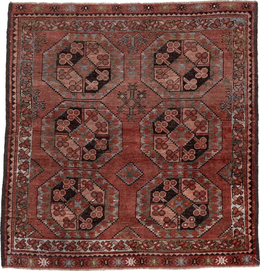 3' x 3' one-of-a-kind handmade vintage Afghan small size rug. Color palette: black, brown, gray, light gray, off-white, pink