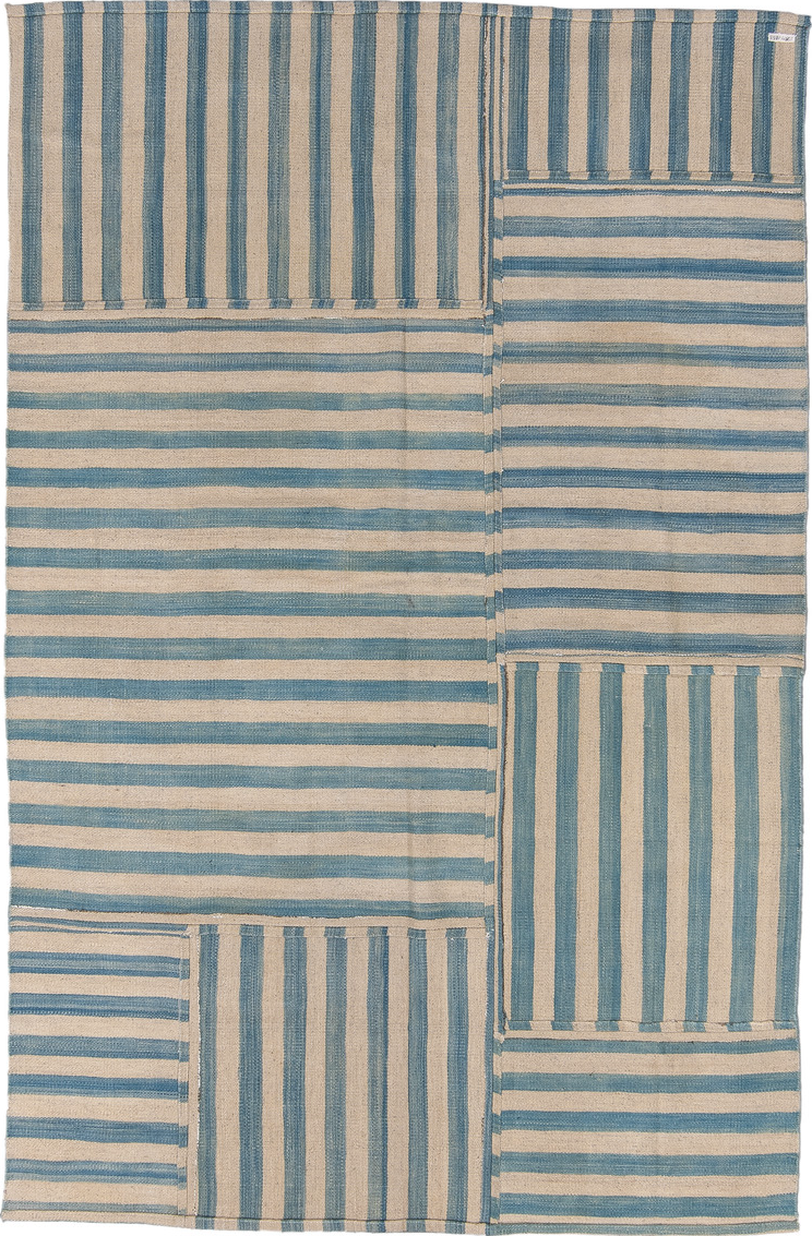 5' x 8' one-of-a-kind handmade vintage Kilim medium size rug. Color palette: black, blue, brown, dim gray, gray, light blue