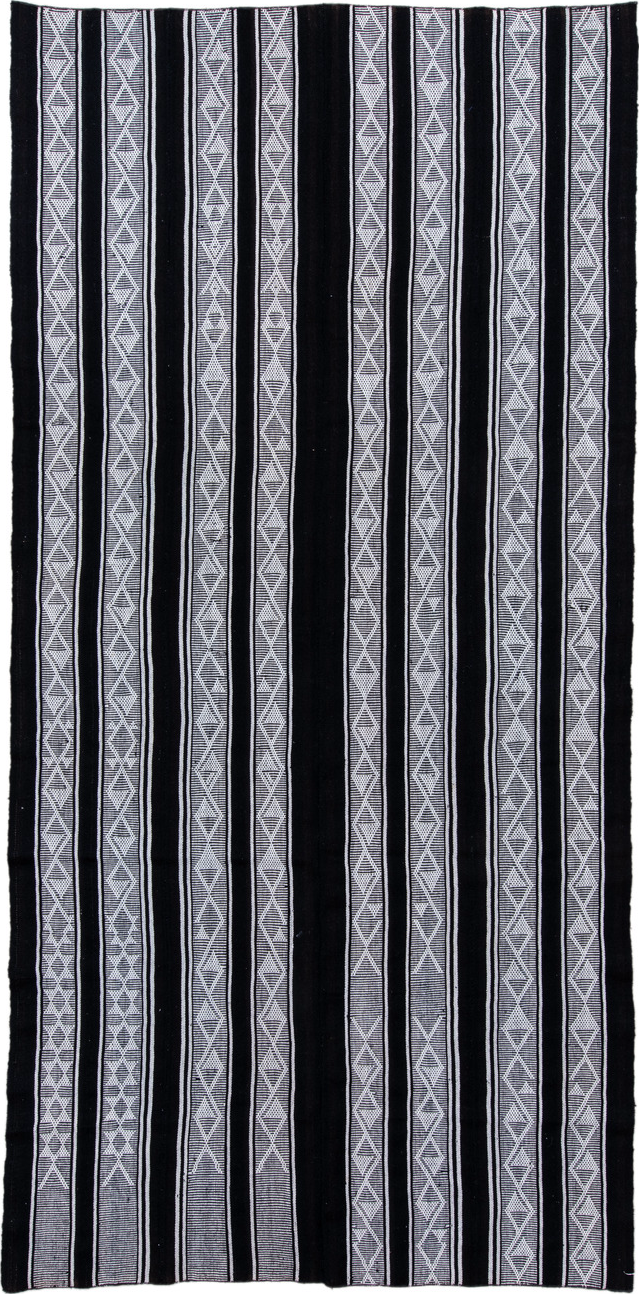 5' x 11' one-of-a-kind handmade vintage Flatweave rug. Color palette: black, blue, charcoal, dark gray, gray, lavender