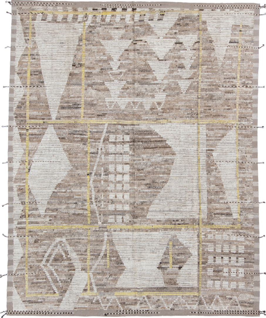 9' x 11' one-of-a-kind handmade vintage Tulu large size rug. Color palette: off-white, orange, yellow, light gray, gray