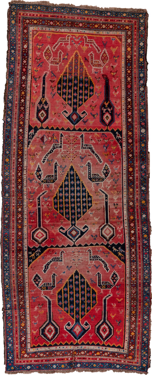 3' x 8' one-of-a-kind handmade vintage Karabagh runner rug. Color palette: black, blue, brown, burgundy, gray, pink, red