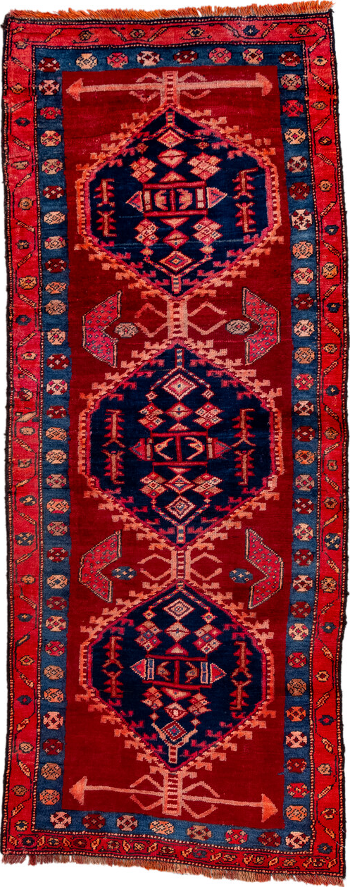 3' x 7' one-of-a-kind handmade vintage Kurd runner rug. Color palette: blue, brown, gray, pink, red