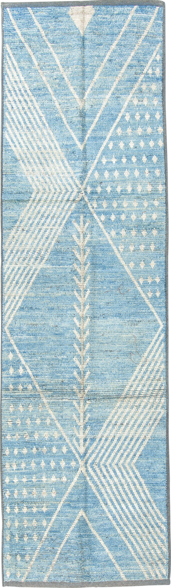 2' x 9' one-of-a-kind handmade vintage Tulu runner rug. Color palette: blue, gray, light blue, light gray, off-white