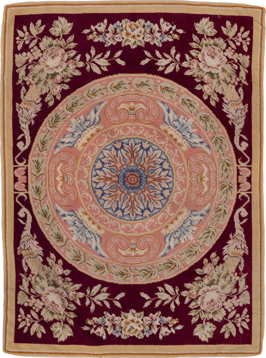 2' x 3' one-of-a-kind handmade vintage Needlepoint small size rug. Color palette: blue, brown, gray, pink, red