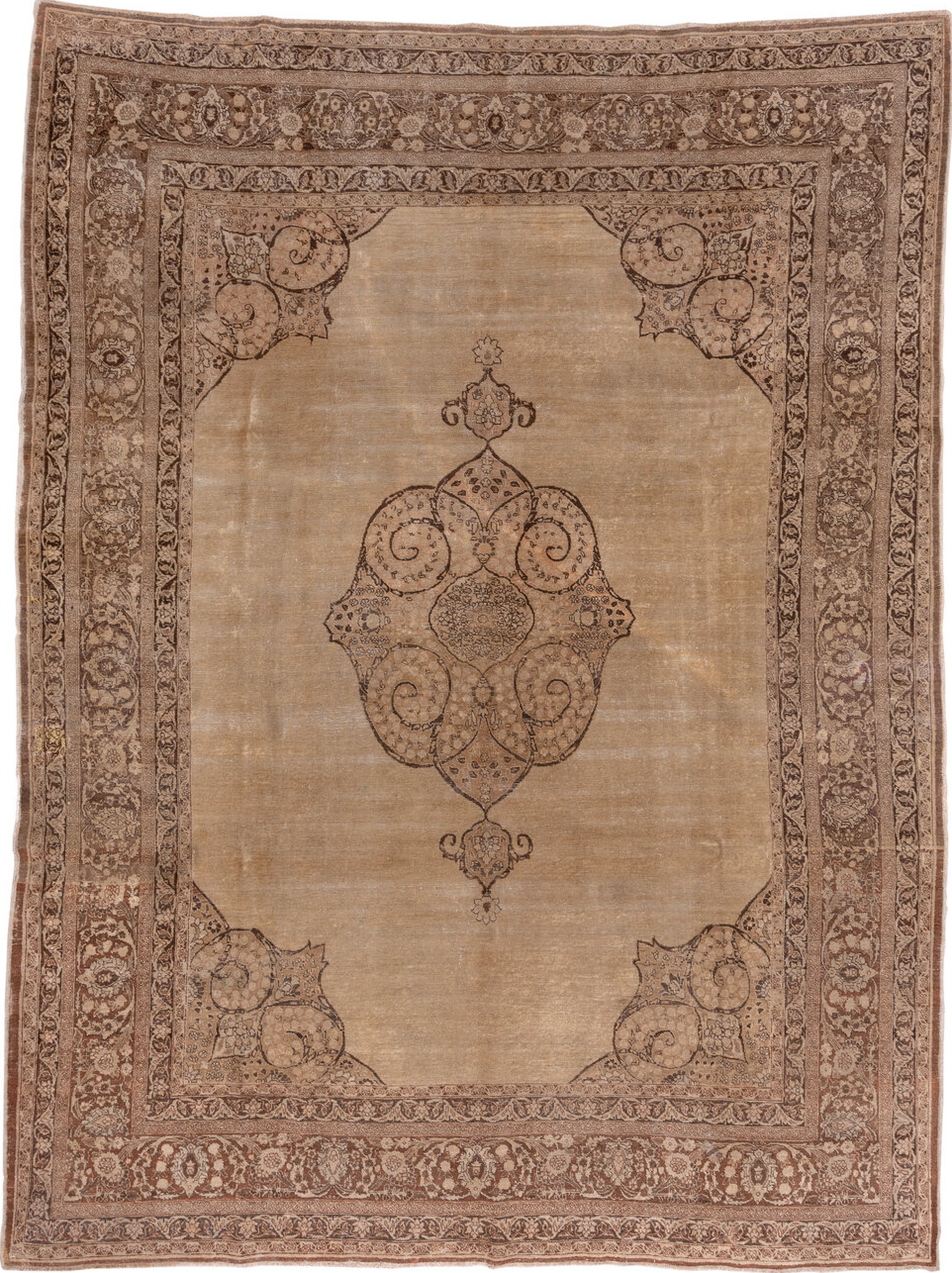 9' x 12' one-of-a-kind handmade vintage Tabriz large size rug. Color palette: brown, pink