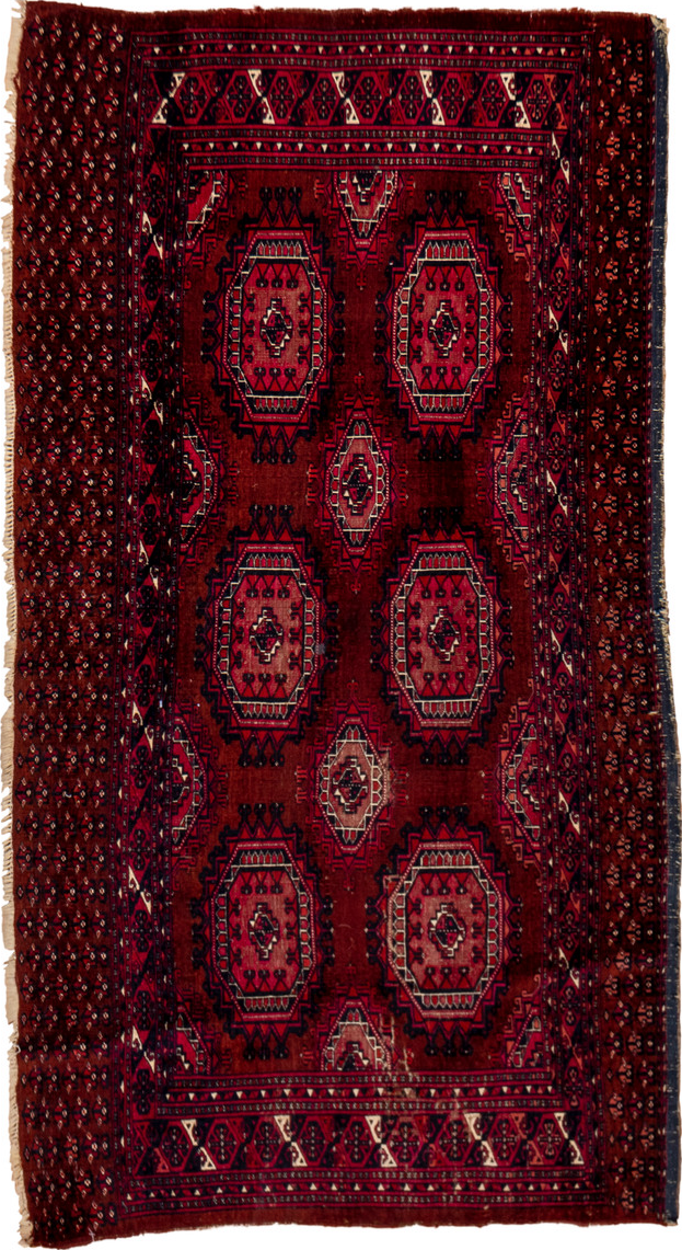 2' x 5' one-of-a-kind handmade vintage Teke small size rug. Color palette: brown, gray, pink, red