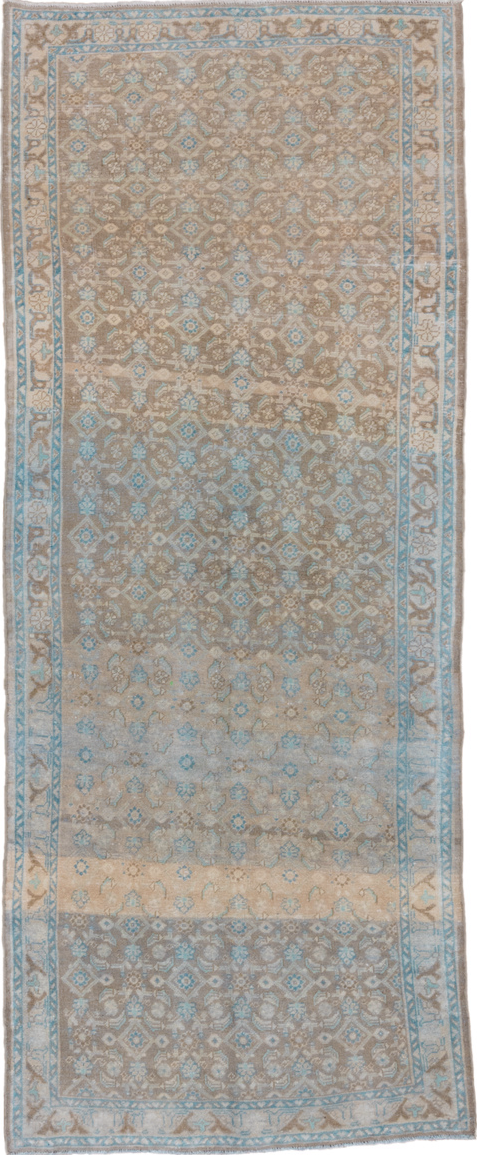 3' x 10' one-of-a-kind handmade vintage Mahal runner rug. Color palette: dark gray, gray, light blue, light gray, off-white