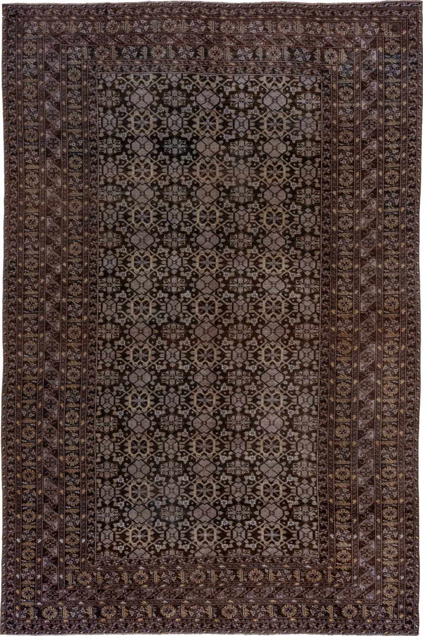 9' x 14' one-of-a-kind handmade vintage Afghan large size rug. Color palette: black, dark gray, gray