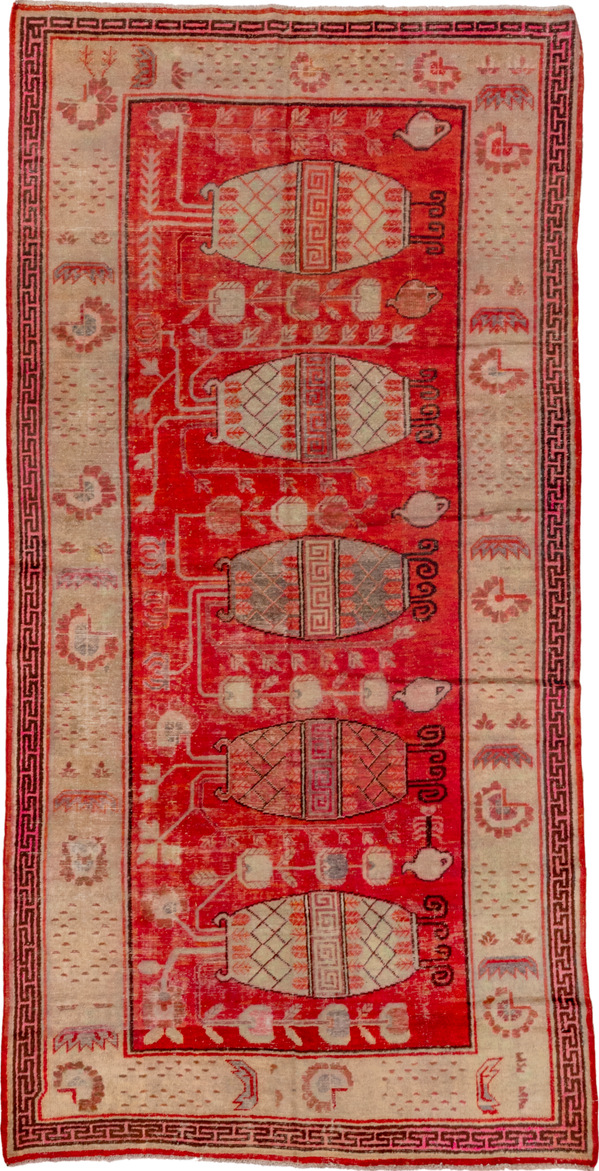 5' x 10' one-of-a-kind handmade vintage Khotan runner rug. Color palette: brown, fire brick, light coral, off-white, pink