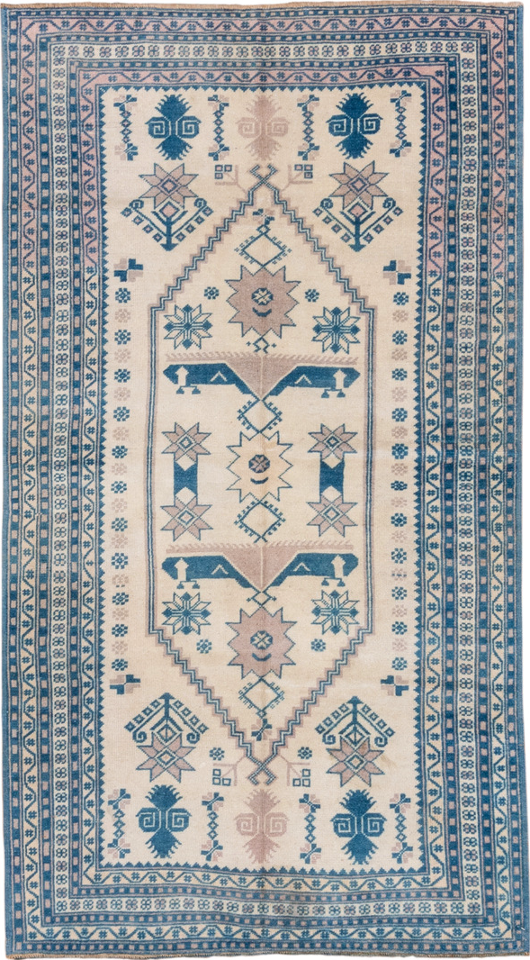 3' x 7' one-of-a-kind handmade vintage Oushak rug. Color palette: arapawa, blue, brown, dark gray, dim gray, gainsboro, gray