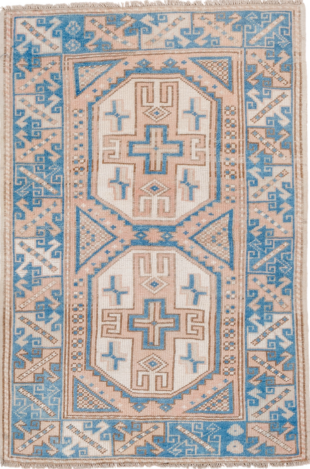 3' x 4' one-of-a-kind handmade vintage Oushak small size rug. Color palette: blue, brown, gray, light gray, light slate gray