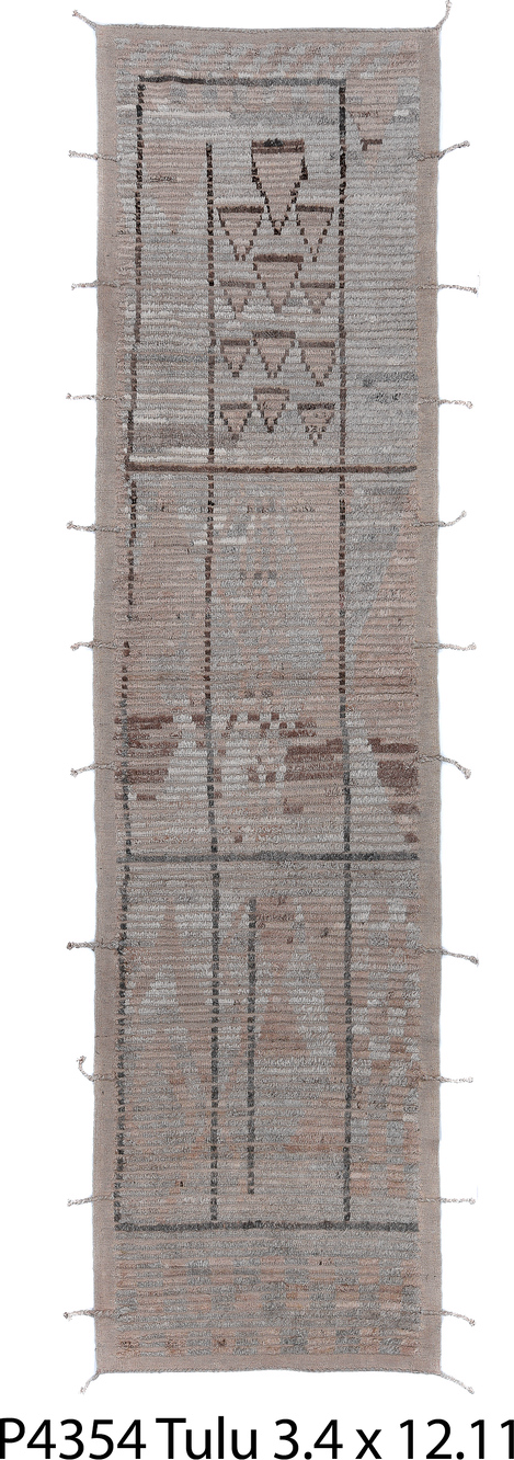 3' x 12' one-of-a-kind handmade vintage Tulu runner rug. Color palette: black, dark gray, gray, light gray, off-white, pink