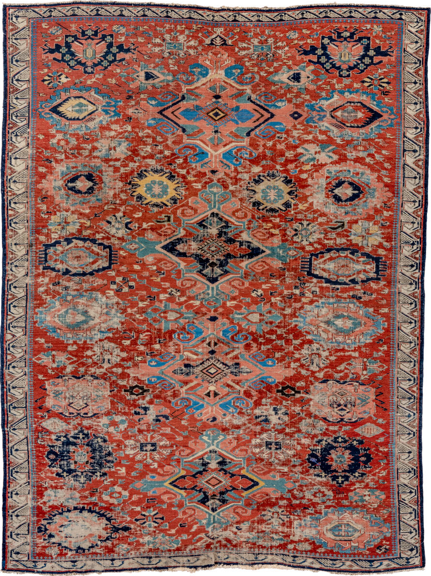 5' x 7' one-of-a-kind handmade vintage Sumak rug. Color palette: black, blue, brown, charcoal, dark gray, gray, pink, red