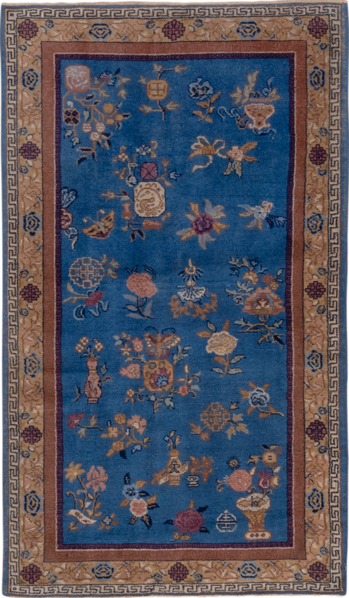 3' x 5' one-of-a-kind handmade vintage Indochinese small size rug. Color palette: gray, brown, pink, blue, dim gray, fiord