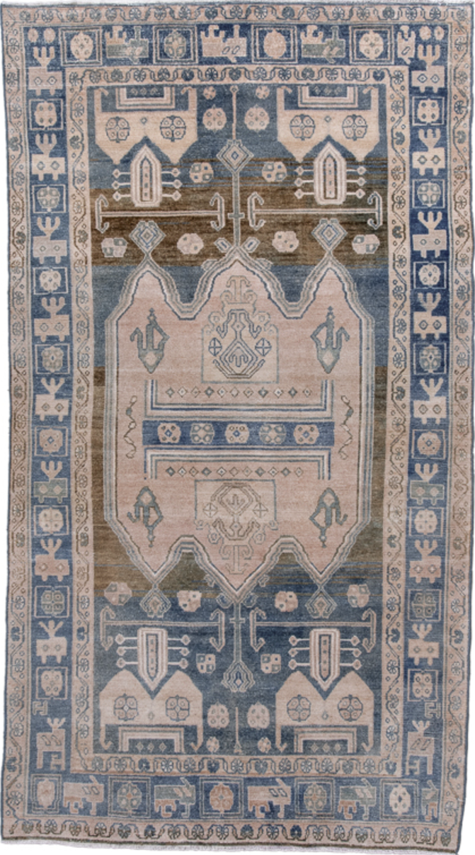 4' x 7' one-of-a-kind handmade vintage Hamadan rug. Color palette: blue, brown, dark gray, dim gray, gray, light gray