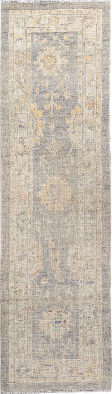 2' x 10' one-of-a-kind handmade vintage Oushak runner rug. Color palette: brown, dim gray, gray, light gray, off-white