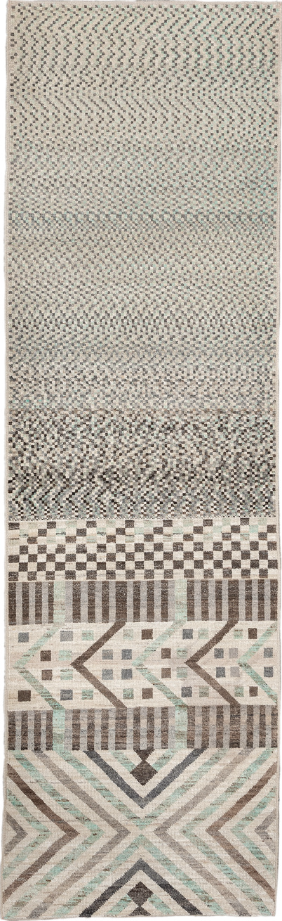2' x 9' one-of-a-kind handmade vintage Tulu runner rug. Color palette: gray, light gray, linen, off-white