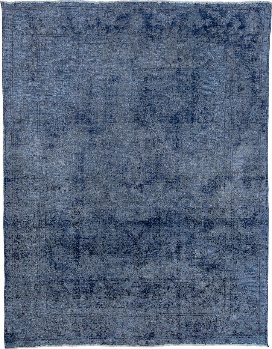 9' x 12' one-of-a-kind handmade vintage Overdyed large size rug. Color palette: black, blue, fiord, gray, light blue