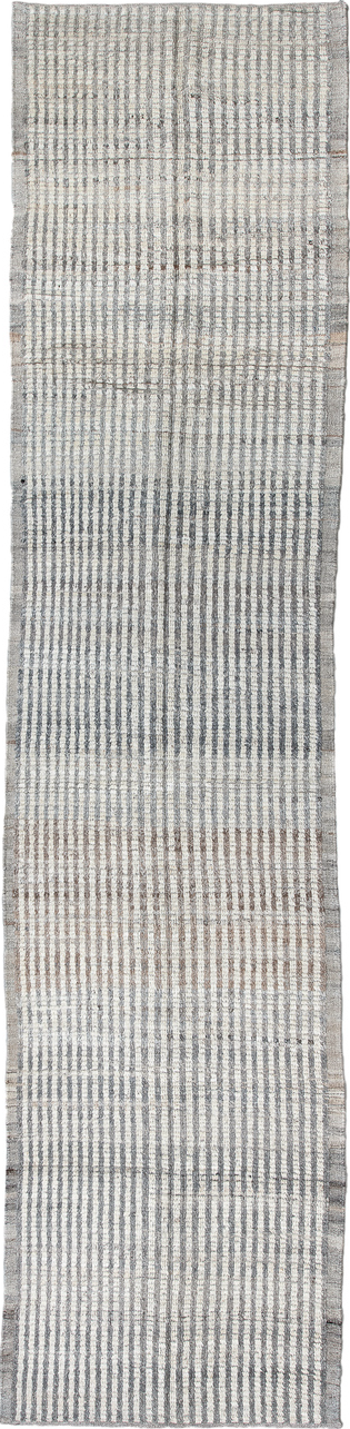 3' x 13' one-of-a-kind handmade vintage Tulu runner rug. Color palette: dark gray, gainsboro, gray, light blue, light gray
