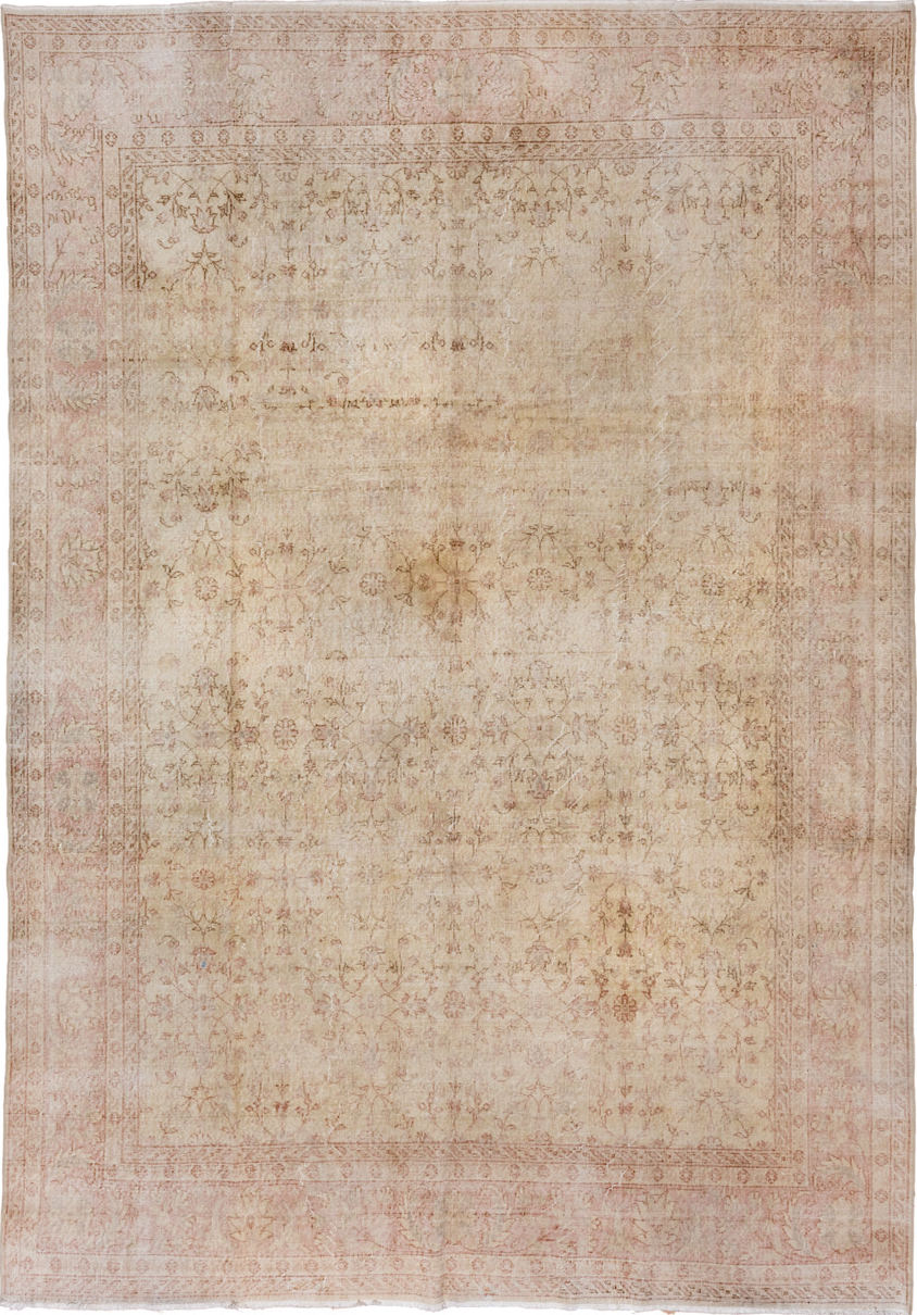 8' x 12' one-of-a-kind handmade vintage Oushak large size rug. Color palette: brown, gray, light gray, off-white, pink, snow