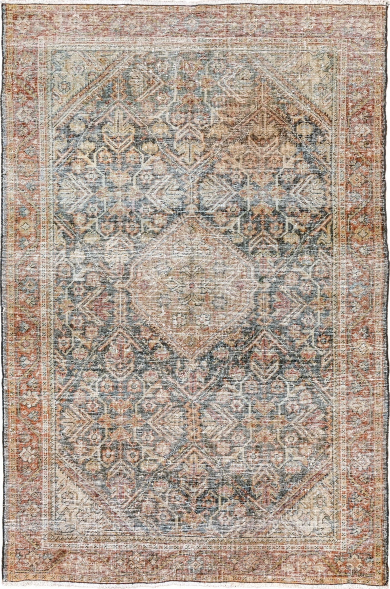 4' x 6' one-of-a-kind handmade vintage Mahal small size rug. Color palette: brown, dim gray, gainsboro, gray, light gray
