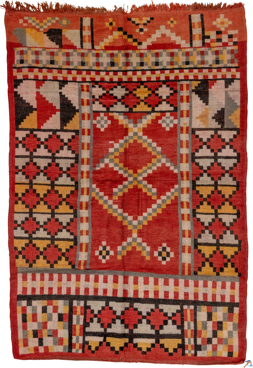 5' x 8' one-of-a-kind handmade vintage Moroccan medium size rug. Color palette: brown, dark red, fire brick, gray, maroon