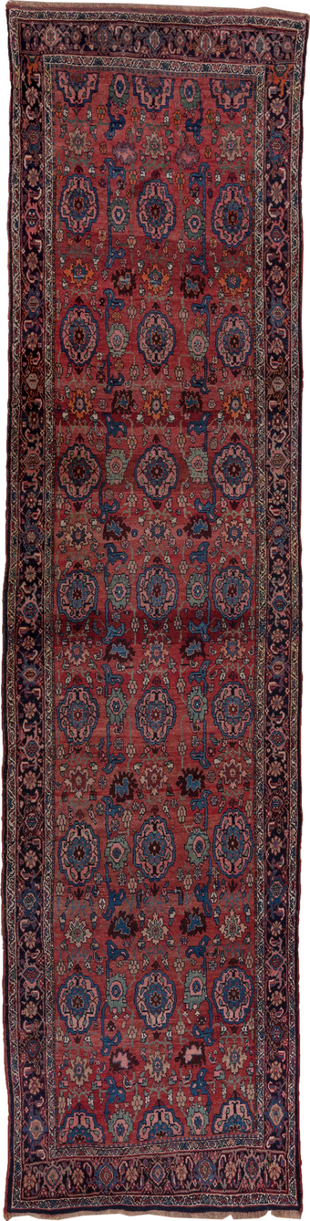 3' x 15' one-of-a-kind handmade vintage Bidjar runner rug. Color palette: gray, pink, blue, brown, red, fiord