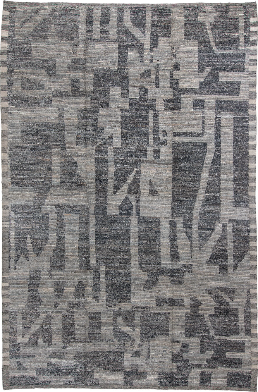9' x 14' one-of-a-kind handmade vintage Tulu large size rug. Color palette: gray, light gray, off-white, black, blue, silver