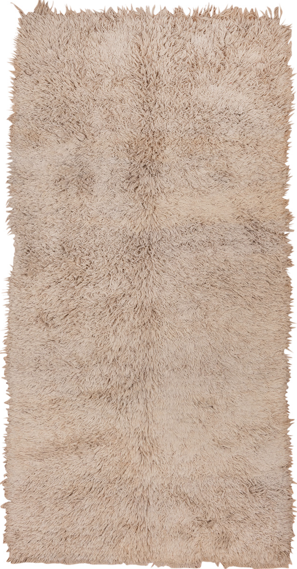 4' x 9' one-of-a-kind handmade vintage Tulu rug. Color palette: brown, gray, light gray, off-white, pink, snow, white