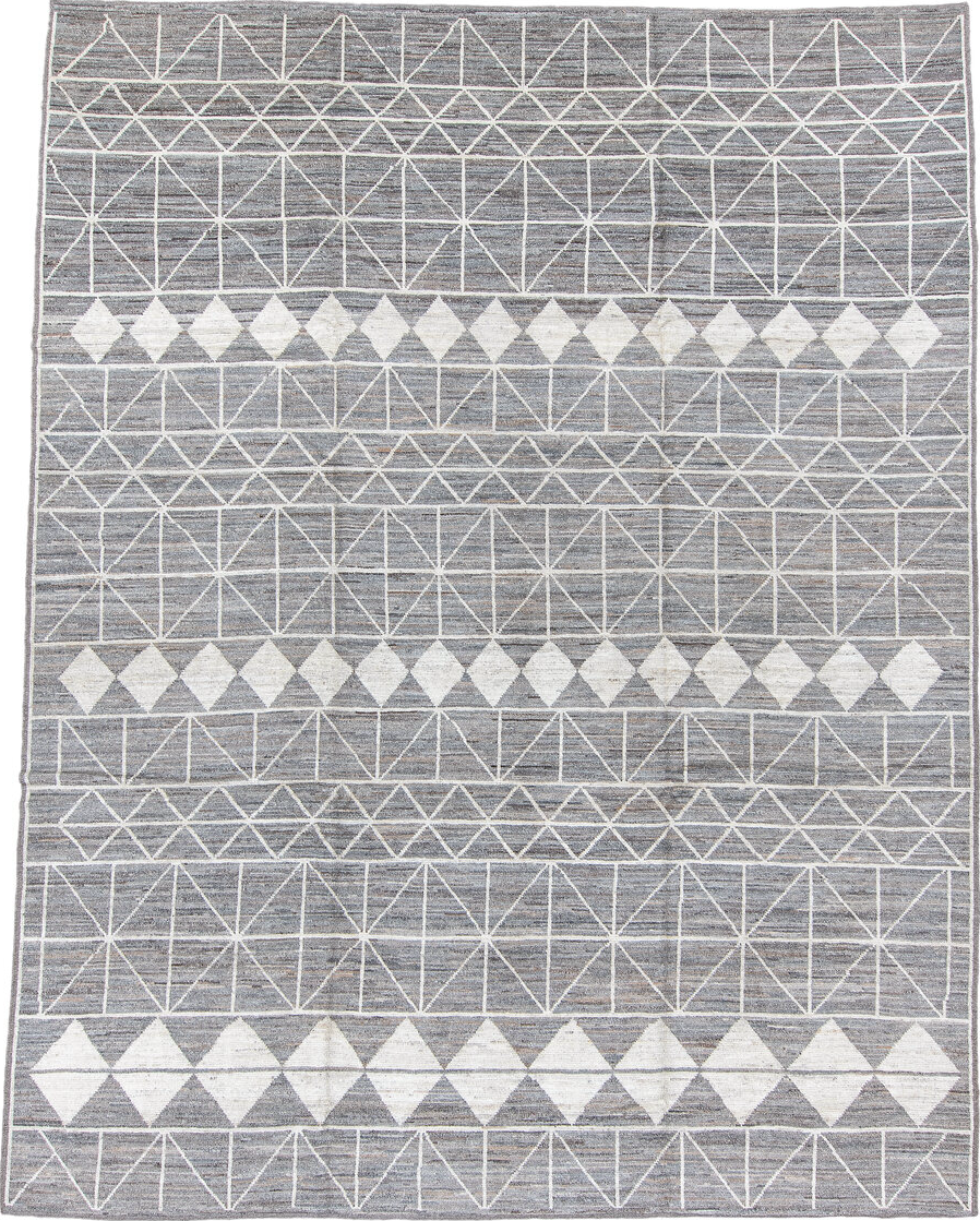 9' x 12' one-of-a-kind handmade vintage Tulu large size rug. Color palette: blue, dark gray, dim gray, gainsboro, gray