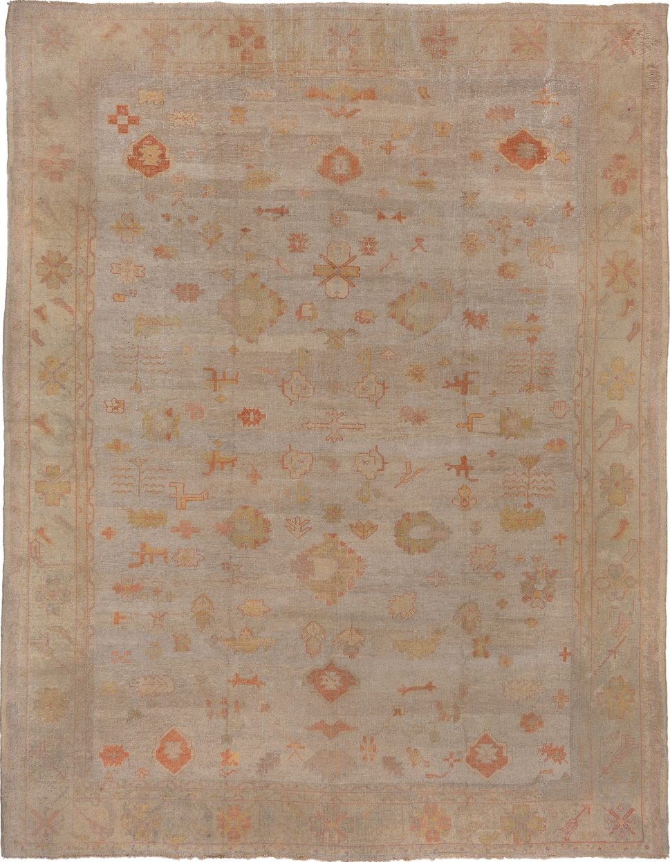 11' x 14' one-of-a-kind handmade vintage Oushak oversize rug. Color palette: brown, gray, light gray, off-white, orange