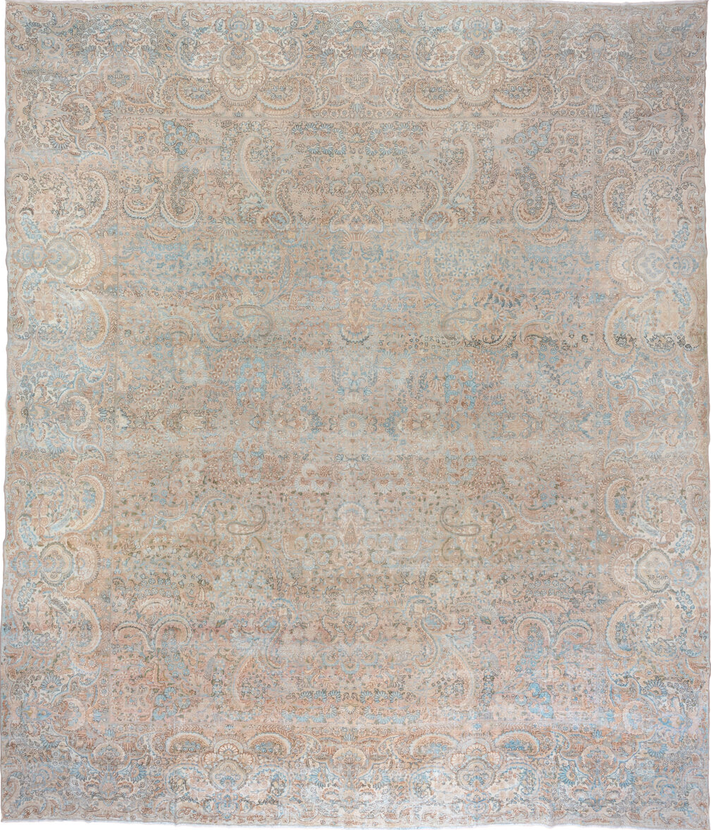 13' x 15' one-of-a-kind handmade vintage Kerman oversize rug. Color palette: dim gray, gainsboro, gray, light blue
