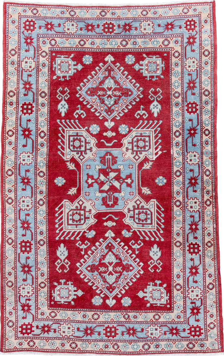 3' x 5' one-of-a-kind handmade vintage Sivas small size rug. Color palette: blue, brown, dark gray, dim gray, gray