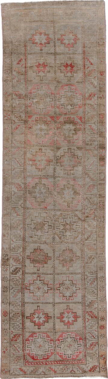 2' x 9' one-of-a-kind handmade vintage Oushak runner rug. Color palette: brown, gray, light gray, off-white, pink, red