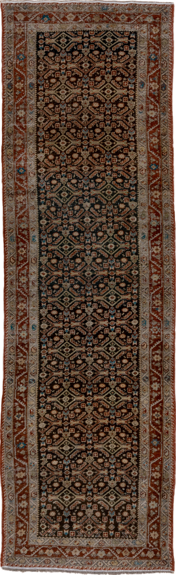 3' x 11' one-of-a-kind handmade vintage Karabagh runner rug. Color palette: black, brown, gray, off-white, pink, snow, white