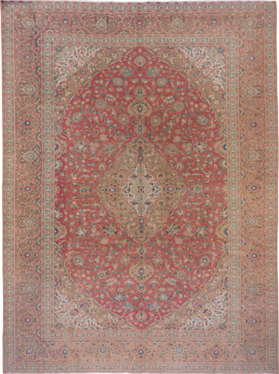 9' x 13' one-of-a-kind handmade vintage Kashan large size rug. Color palette: blue, brown, dark gray, dim gray, gray, green